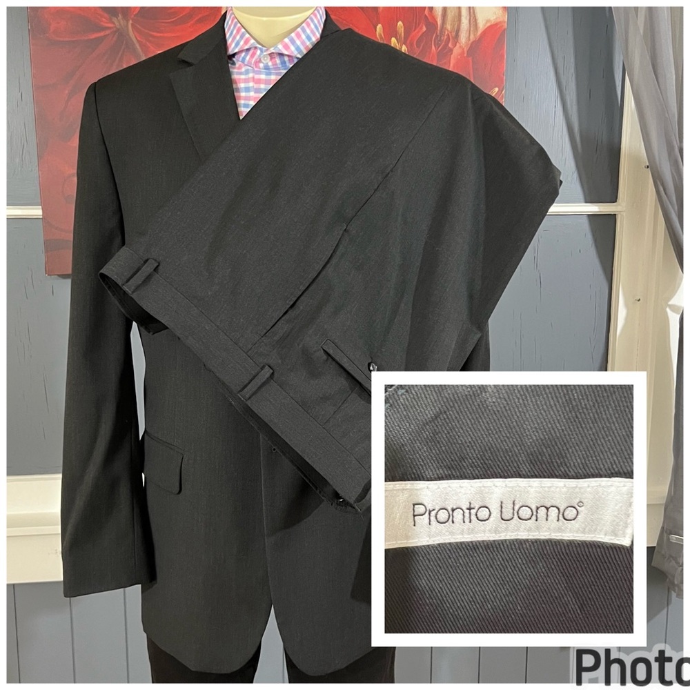 Pronto Uomo 2Pc Suit Mens 44L Long Wool‎ Black Pants 40x31 Blazer Shoulder Pads